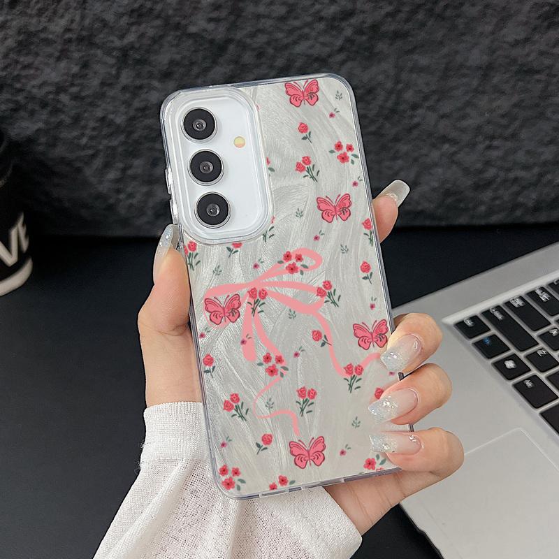 Case For Samsung Galaxy S25 S24 Ultra S23 S24 FE S22 Plus A55 A15 A16 A35 A25 A54 A56 5G Pink Bow Pattern Laser Hard Phone Cover