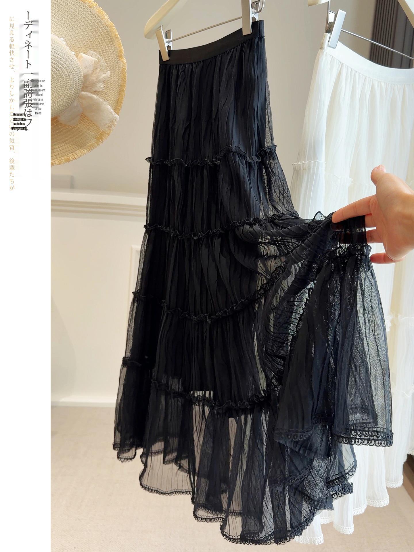 Sweet Temperament Women s White A-Line Midi Skirt: 2024 Spring/Summer High-Waisted Pleated Design One Size чёрный