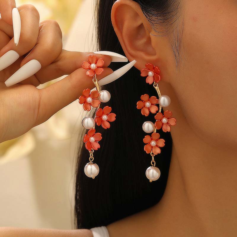 Romantic Bohemian Tiered Four Flower Drop Earrings for Women Girls Elegant Charm Long Floral Stud Earrings Jewelry Accessories