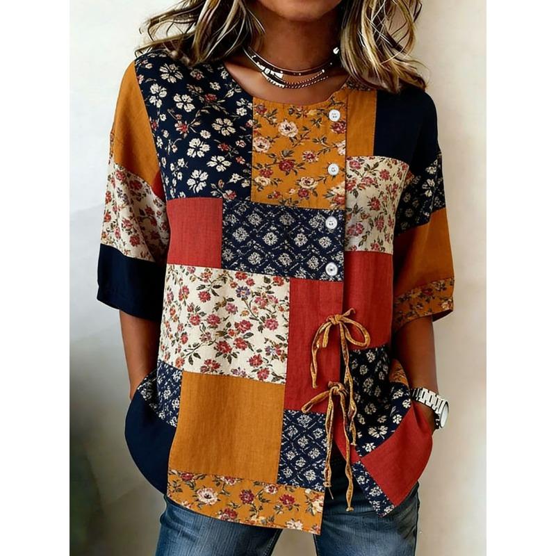 Women's Vintage Patchwork Floral Print Casual Blouse, Button Tie Front Loose Top for Spring Summer Daily Wear