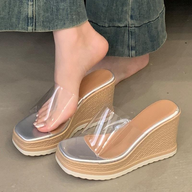 Summer New Fashion Open Toe Platform Wedges Heels Women Slippers PVC Transparent Ladies Slides Shoes Zapatos De Mujer