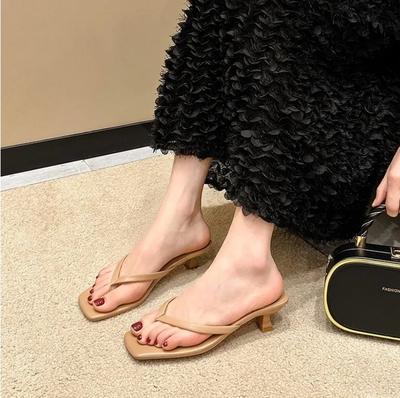 2024 New Genuine Leather Retro Square Toe Pinch Sandals Fashion High Heel Slippers Women Women's Sandals