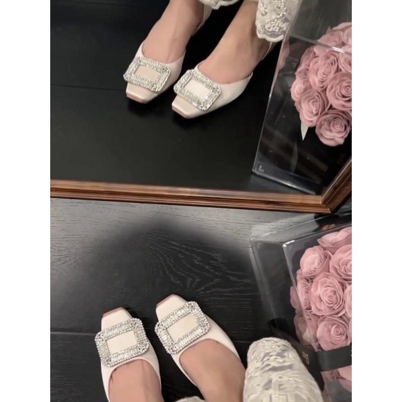 Inner heightening version~ Niche low-heeled rhinestone square buckle shoes, shallow-mouth single shoes for women, French commuter hollow sandals for