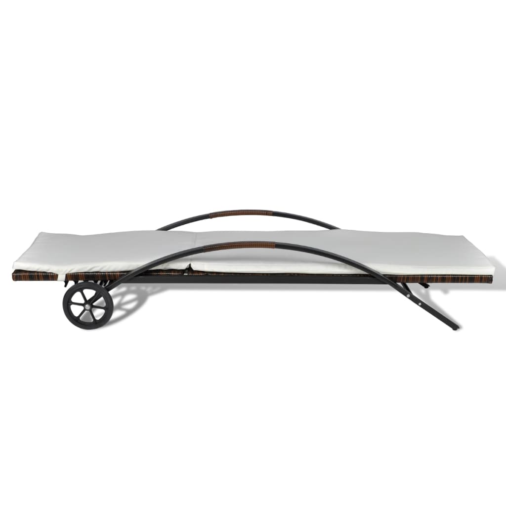 Brown Poly Rattan Sun Lounger with Cushion and Wheels