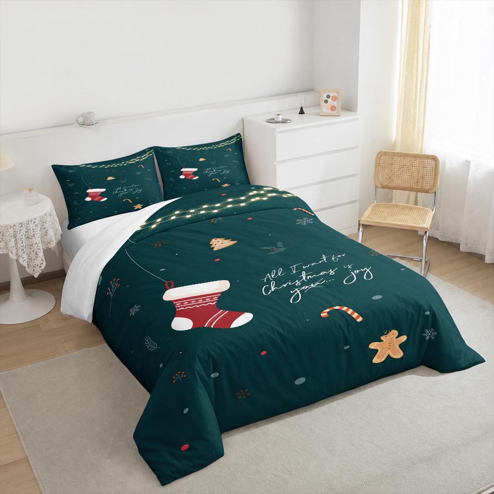Merry Christmas Stocking Bedding set (1 duvet cover, 2 pillowcases, duvet not included) for Living Room Holiday Decor, Cozy Xmas Lights Art Print