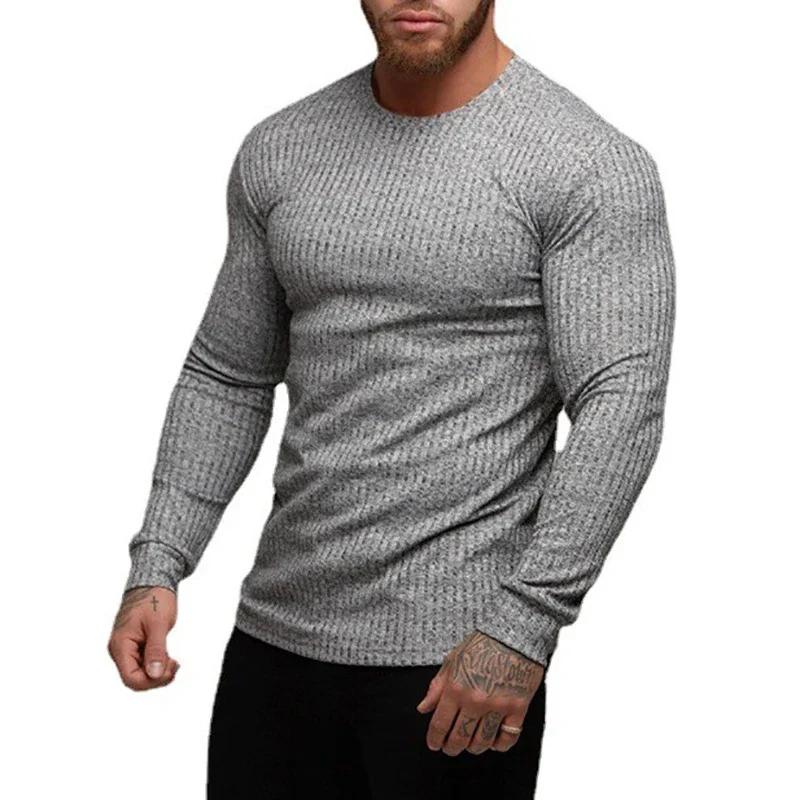 Muscleguys Autumn Running T-shirts Mens Classic Ribbed Knit Jumper Sports Long Sleeved Slim Fit Round Neck Casual Gym Fitness T Shirt