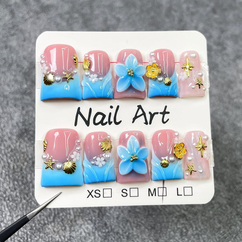 10Pcs Blue French Duckbill Handmade Press On Nails With 3D Flowers Wearable Stick On False Nails Tips