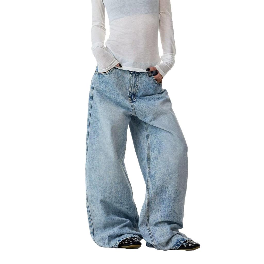 Angel Wing Print Scimitar Jeans West Coast American Pants High Street Vibe Loose Silhouette Straight Pants