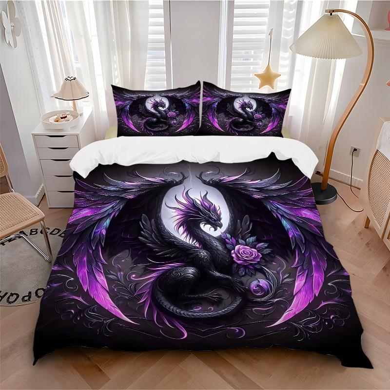 3pcs Purple and Black Dragon Print Cover Set Ultra Soft, Breathable, and Comfortable Bedding with Stylish Design for Bedroom and
