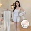 Four-Piece Women's Modal Pajama Set: Bra Camisole, Shorts, Long-Sleeved Top, Long Pants with Cute Cartoon Design.