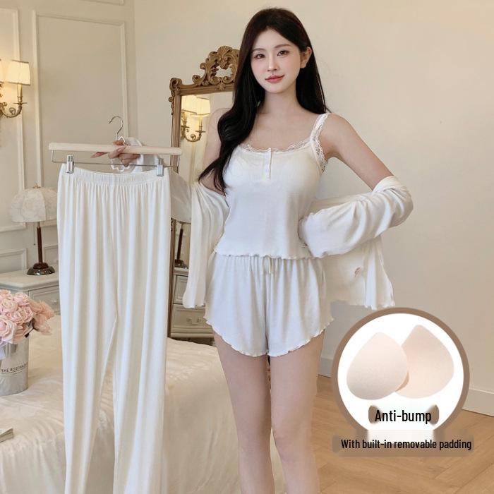 Four-Piece Women's Modal Pajama Set: Bra Camisole, Shorts, Long-Sleeved Top, Long Pants with Cute Cartoon Design.