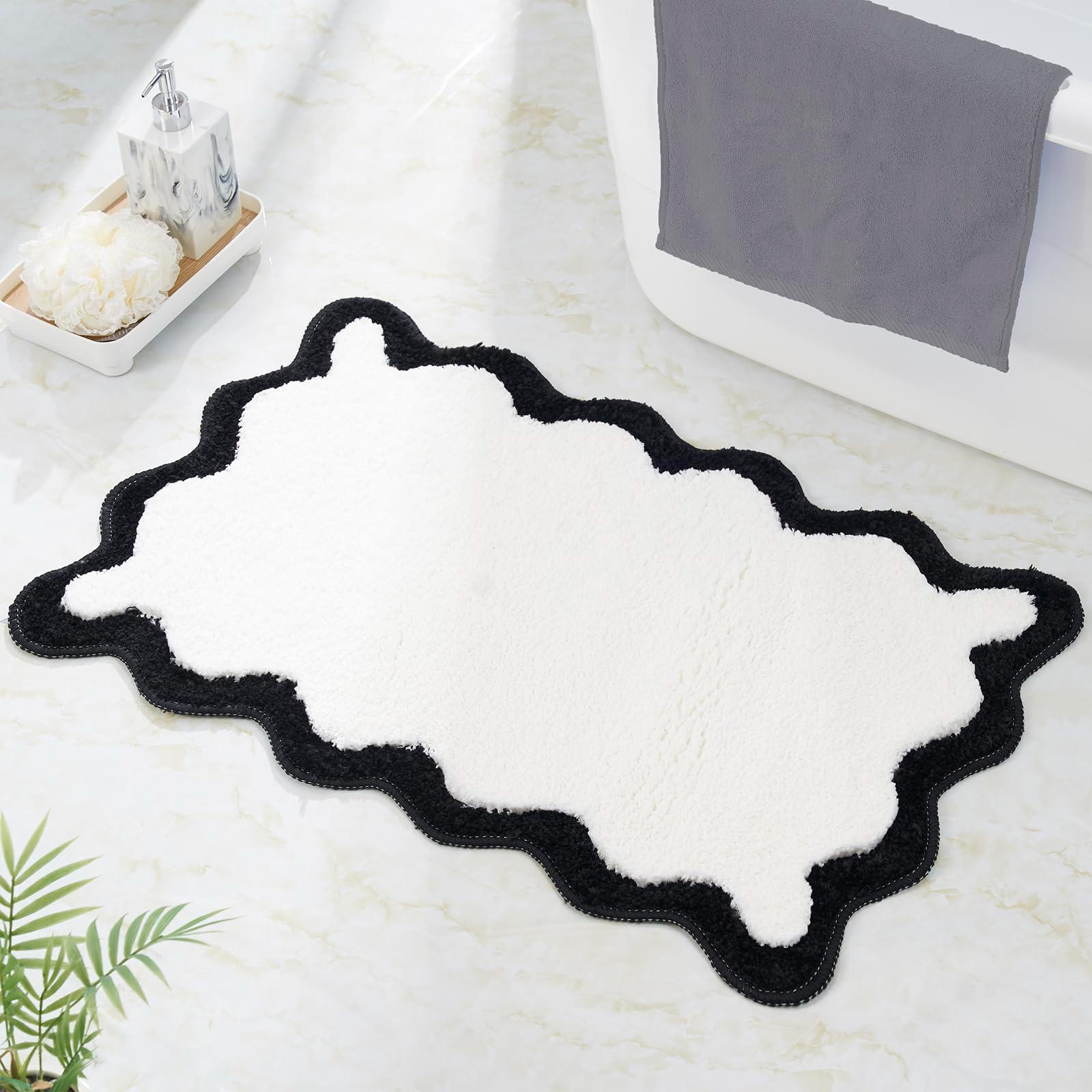 

Luxury Cute Bathroom Rugs, White Bath Mat W/Blue Scalloped Edge, Microfiber Aesthetic Trendy Funky Fun Preppy Rug 40X60CM(1.3X2FT