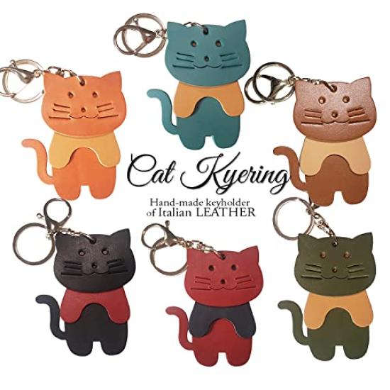 [byDream] 3-Section Cat Keychain, Genuine Leather, Perfect for Cat Lovers, Bag Charm, 8cm Large Cat, Cowhide Leather, Gift, Gift (Wine)