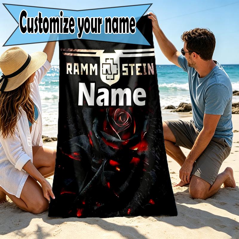 Custom Name Personalized Rammstein Print Beach Towel, for Trip Camping Beach Party Home Decor, Birthday Gift for Family & Friends