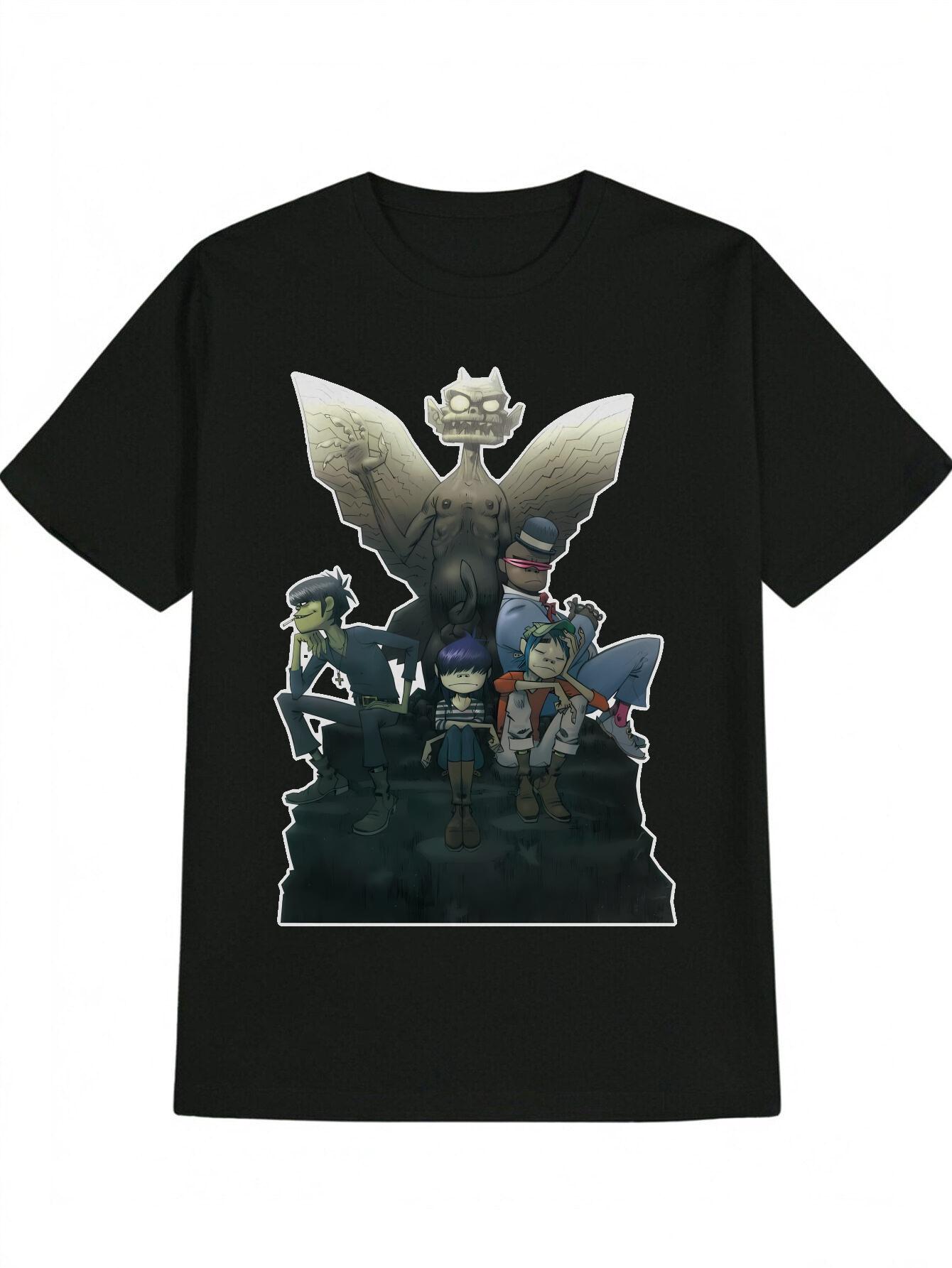 Casual Round Neck T-shirt with Five Cartoon Characters Print on Stone Statue S