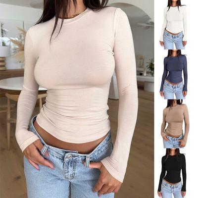 Women's Long Sleeved Pullover T-shirt Slim Fit Fashionable Solid Color T-shirt Short Top