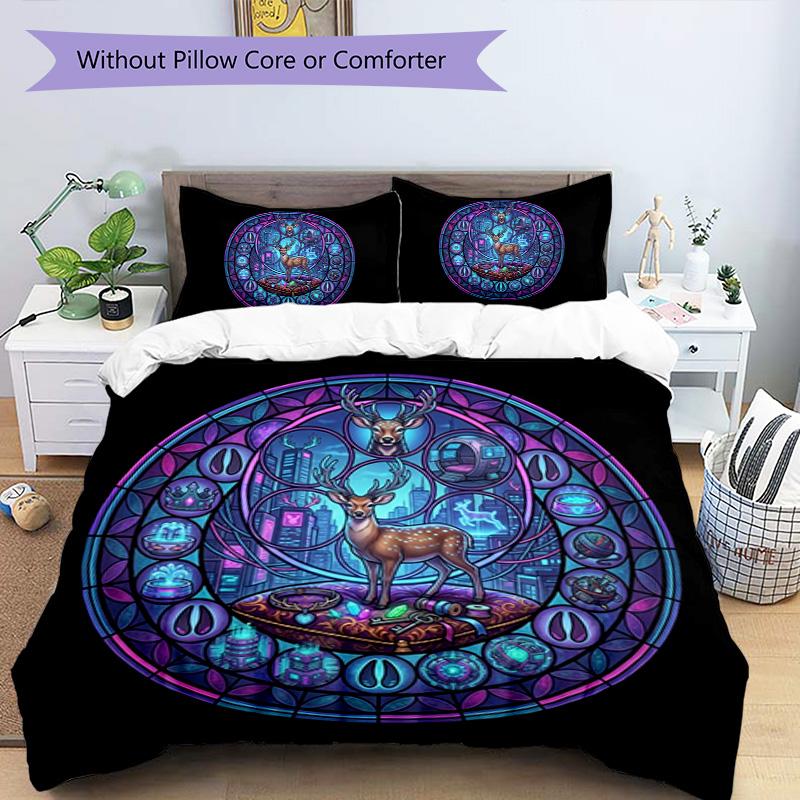 Deer Dreamscape Cityscape Pattern Bedding,Quilt Set Quilt Cover Pillowcase Home Birthday Gift (1 * Duvet Cover + 2 * Pillowcase, Without Core)