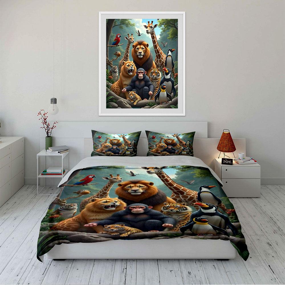 Vivid Jungle Animals Print Bedding Duvet Cover Set  (1*Duvet Cover 2*Pillowcases, Without Duvet Insert)