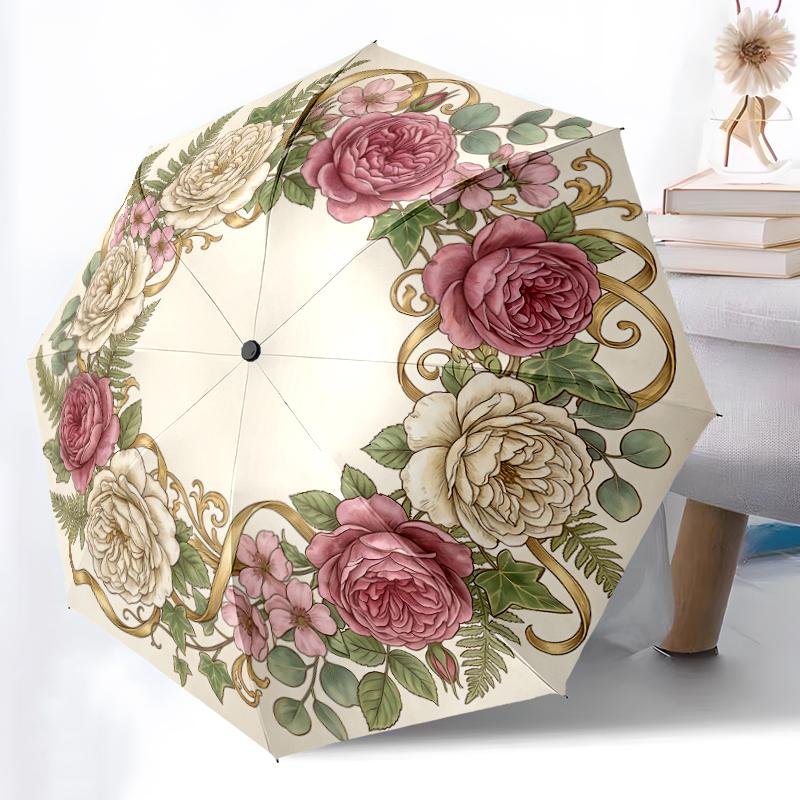 1pc Sturdy 8-Bone Auto Umbrella, Elegant Rose Ribbon Wreath Umbrella, Digital Printed, Foldable Umbrella for On-the-Go Outdoor Use