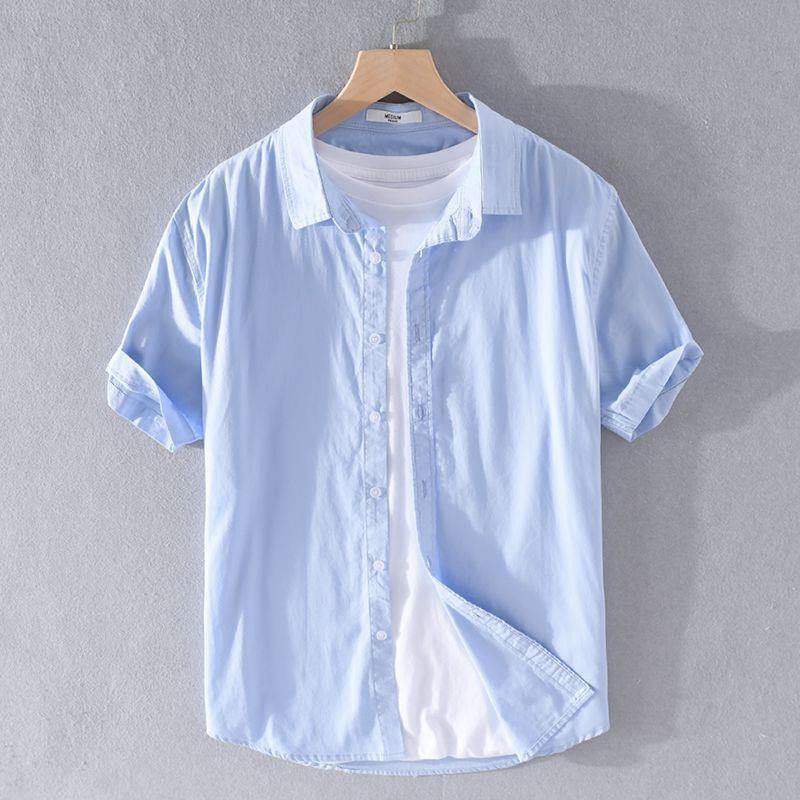 Men's White Slim-Fit Short-Sleeve Oxford Shirt with Square Collar