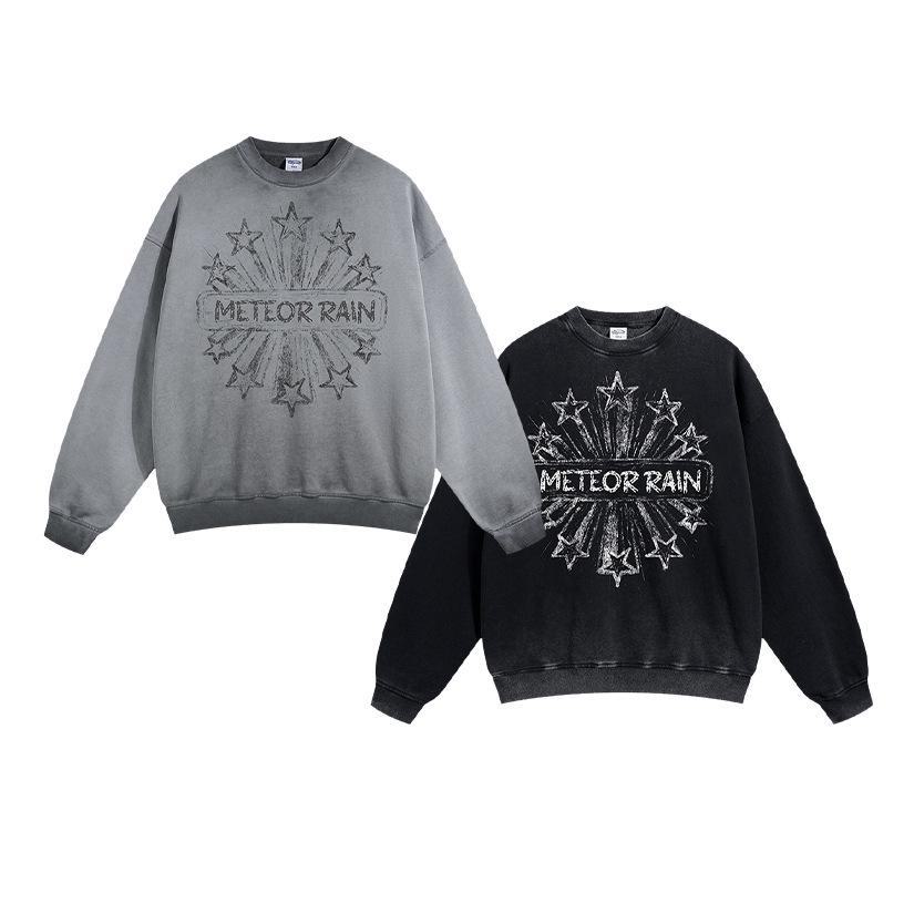 2024 Autumn 430G Heavy Reverse Bottom Stir-fried Color Wash Old White Ink Direct Inkjet Printed Round Neck Sweatshirt