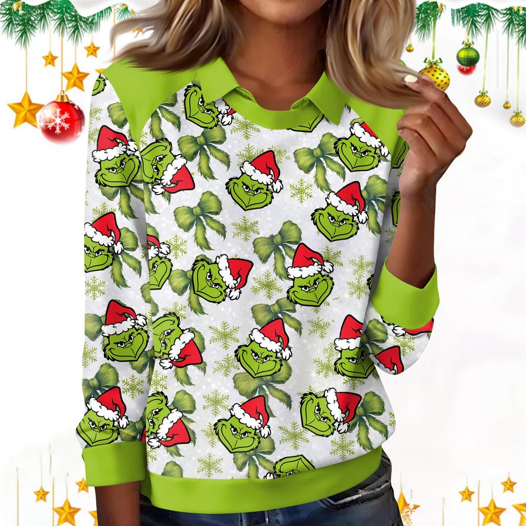Women's Fashion Christmas Print Lapel Long Sleeve Casual Crewneck T-Shirt Top