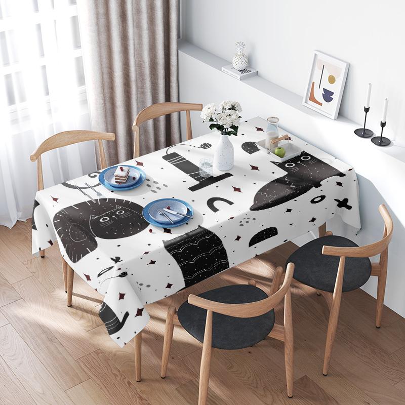 Moderne Kattenprint Tafelkleed Huisdecoratie Polyester Eetkamerhoes met Blauwe Bordhouder voor Keuken Wit Zwart Patroon (120x240cm) 140x160cm