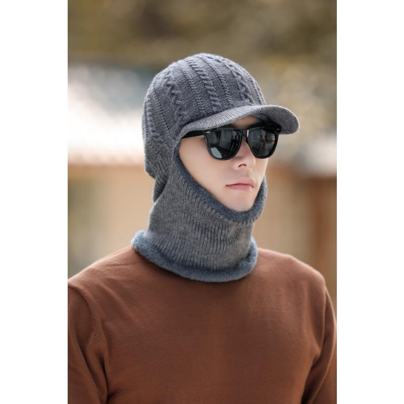 Men's Knitted Hat Autumn and Winter Outdoor Cycling Scarf Suit Cold Proof Woolen Hat Plus Velvet Warm Cold Hat for Men