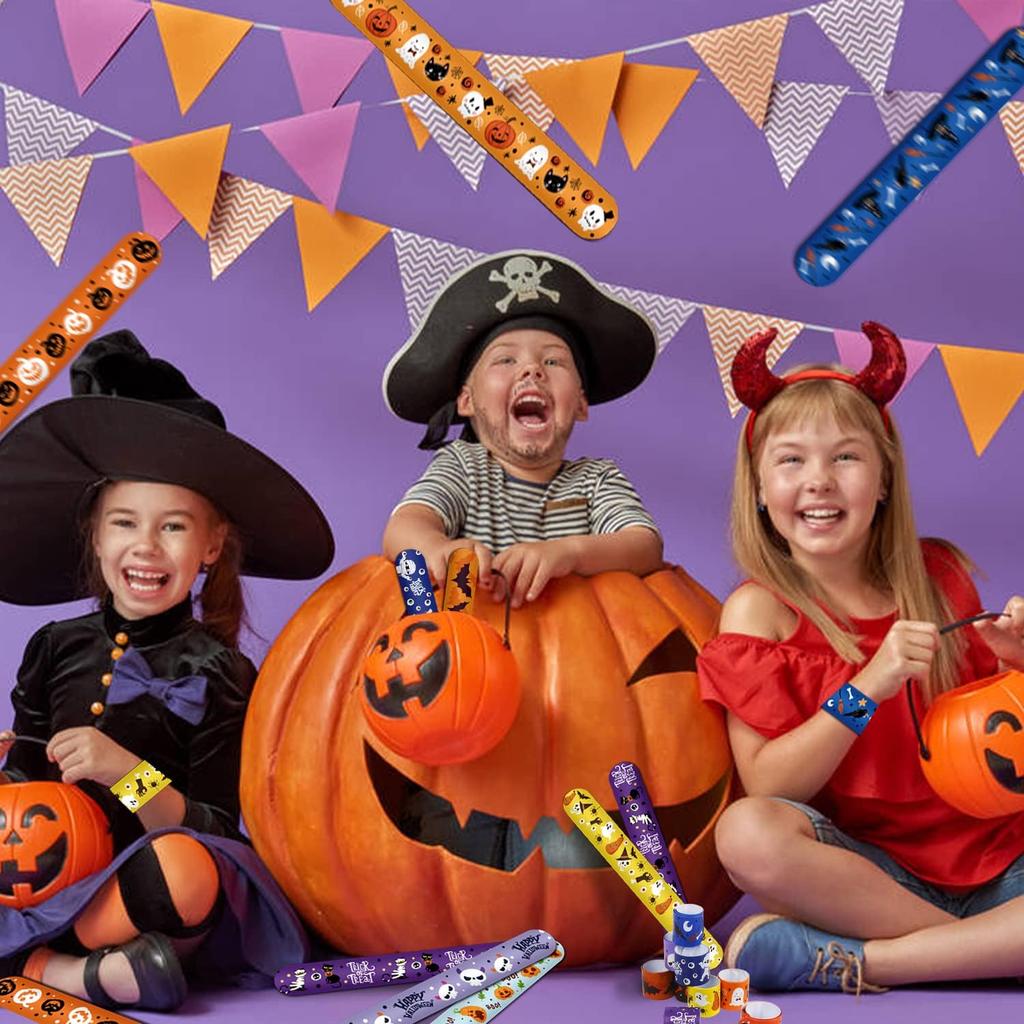 CCINEE 48pcs Halloween Slap Bracelets,Kids Snap Bracelet Wristbands with Assorted Bulk Pumpkin Zombie Skull Ghost Witches for Trick or Treat Gift Bag