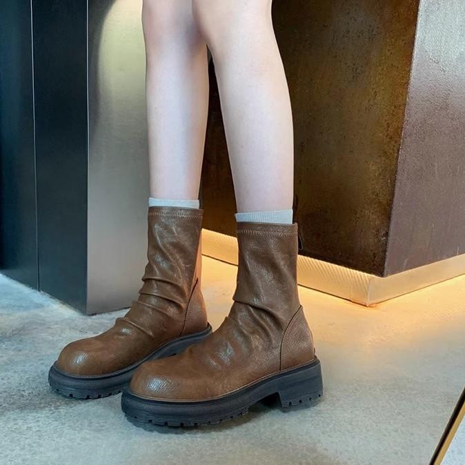 Grape Mother Winter New Pleated Stacking Boots Casual Style Korean Version Knight Boots Comfortable Soft Leather Retro Short Boots