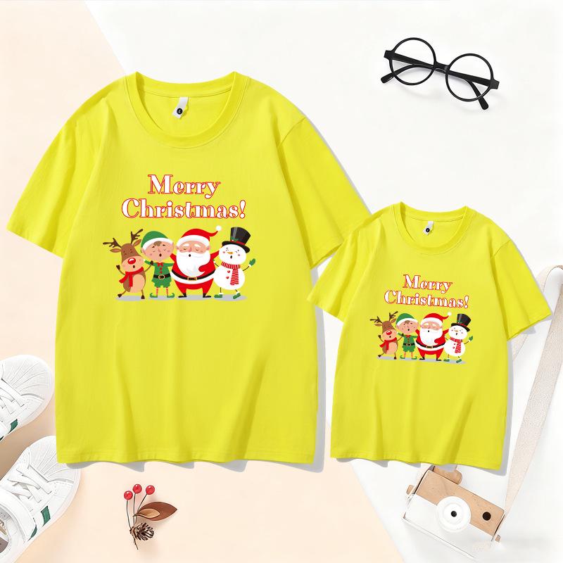 2026 Christmas Parent-Child T-Shirt - Santa & Reindeer Design for Families of 3-4, Pure Cotton, Short-Sleeve