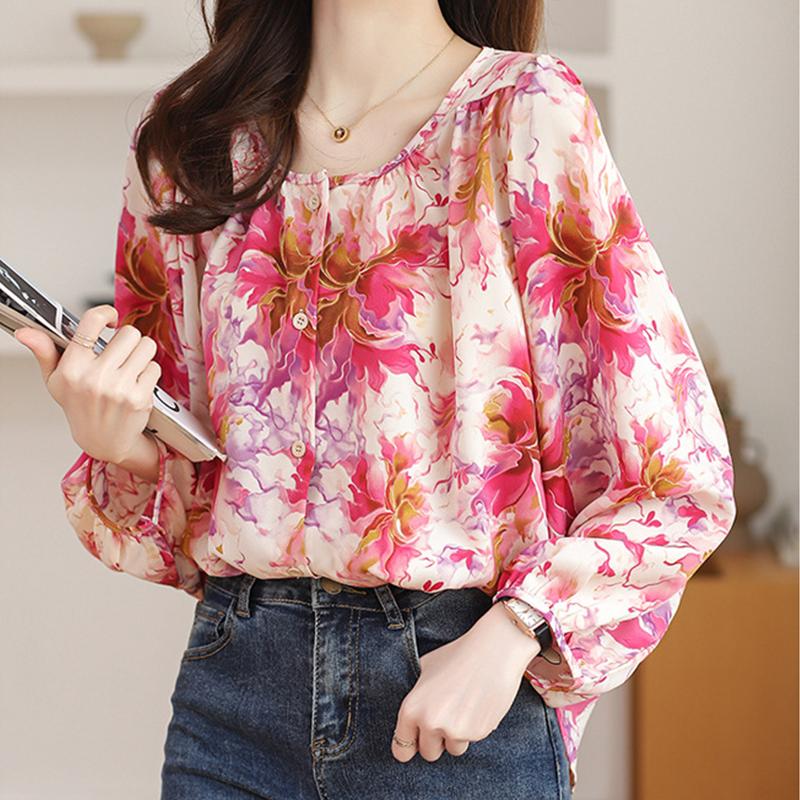 

Женские топы, свободная шифоновая рубашка с длинным рукавом и цветочным принтом 3XL
