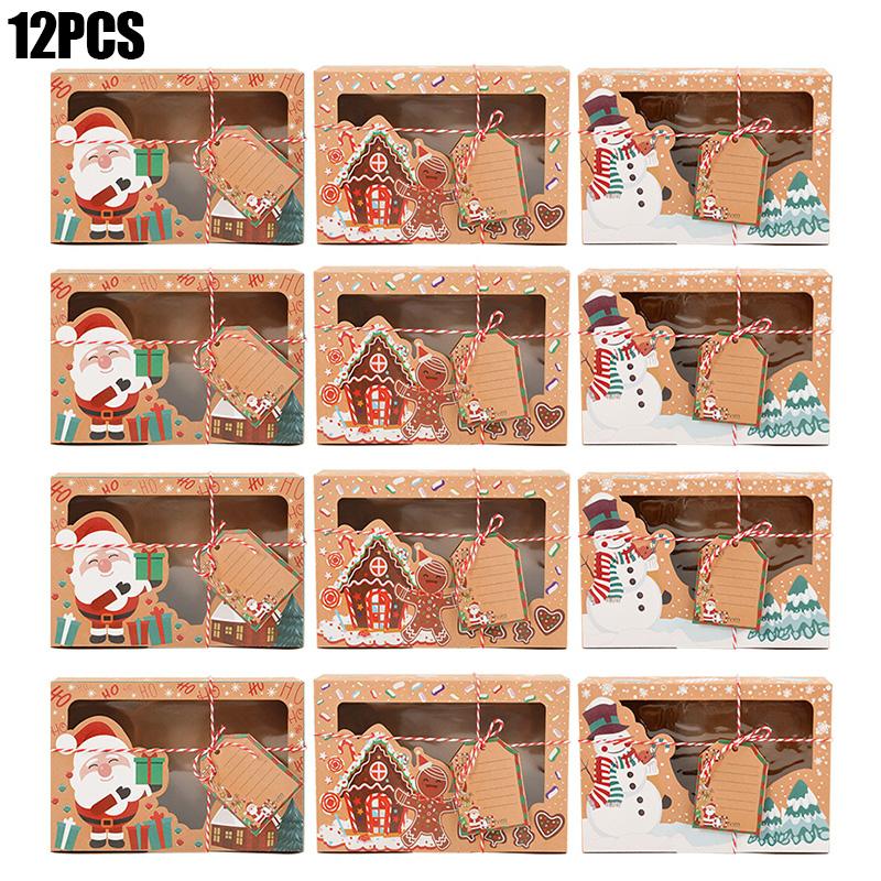 

Рождественские коробки для конфет и печенья Подарочная коробка из крафт-бумаги Коробки для еды, выпечки и сладостей с прозрачным окном Декор Navidad Рождественский подарочный пакет Noel 12pcs