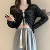 Summer V-neck hollow new slim-fitting and thin drawstring short outer knitted sweater women's thin solid color top