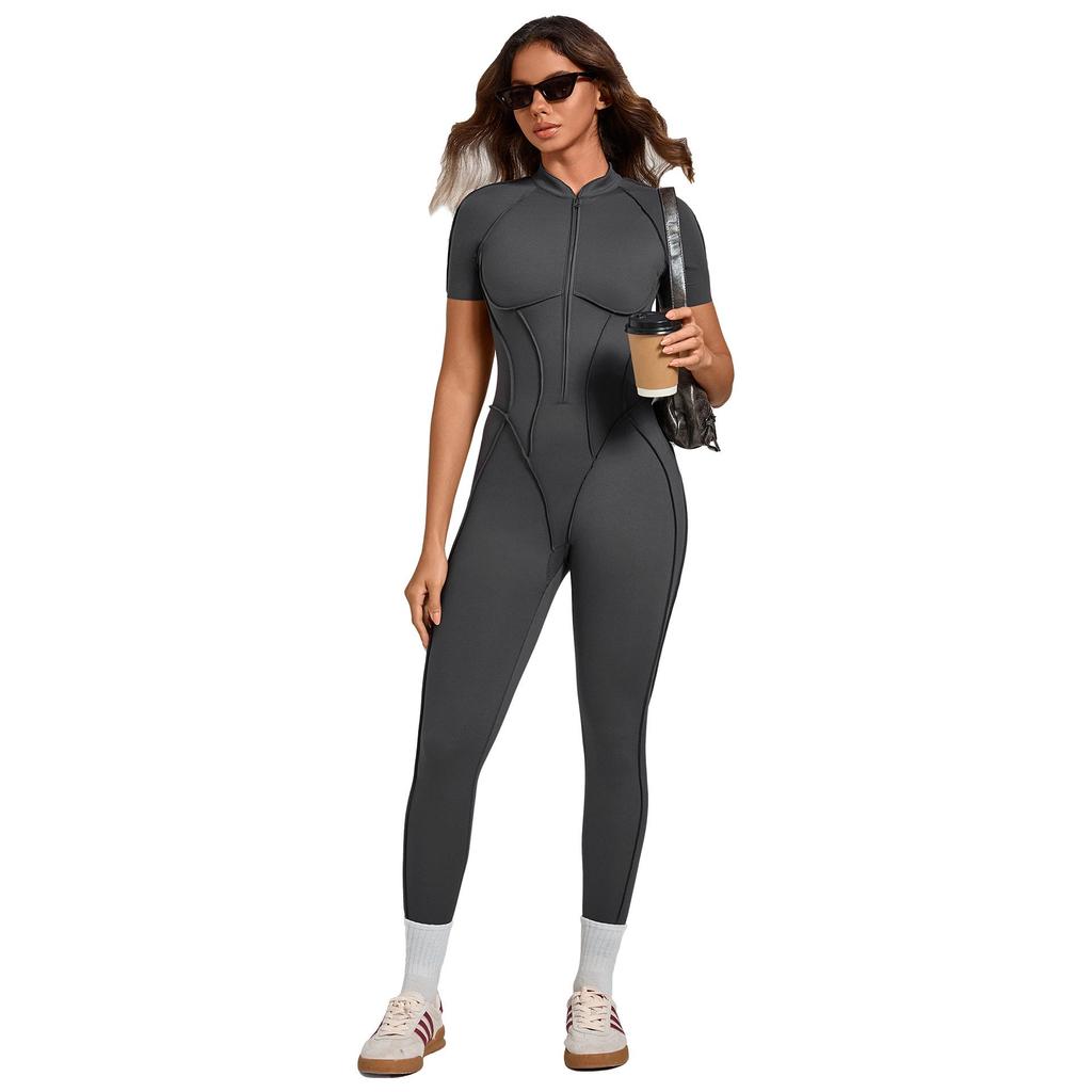 Women's Short-Sleeve Half-Zip Tummy-Control Yoga Jumpsuit