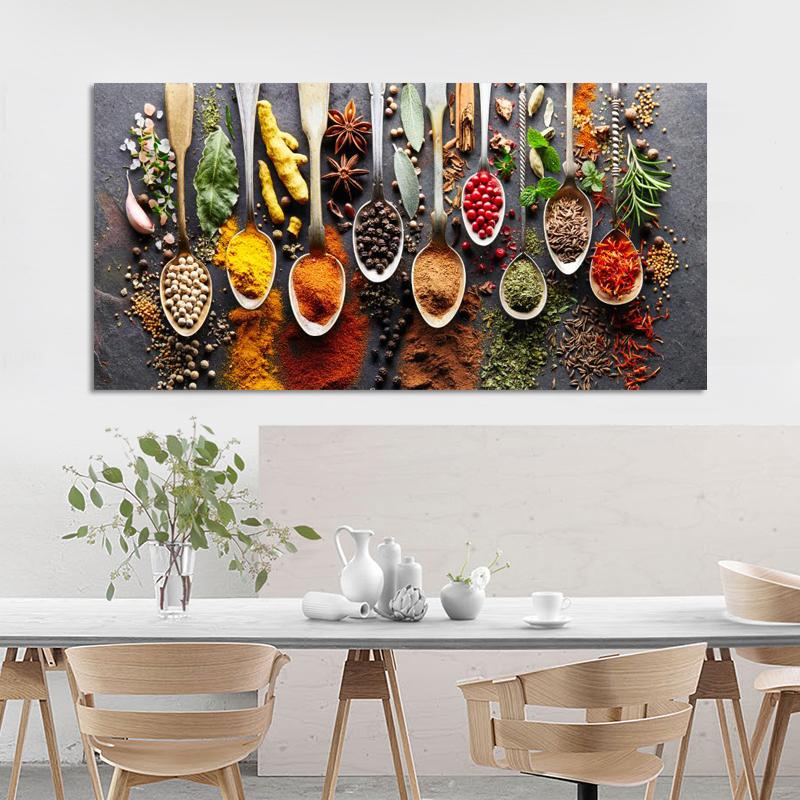 Kitchen Themed Wall Art Decor Colorful Spice and Spoon In Table Canvas Paintings Food Cooking Ingredients Canvas Art Print Decor
