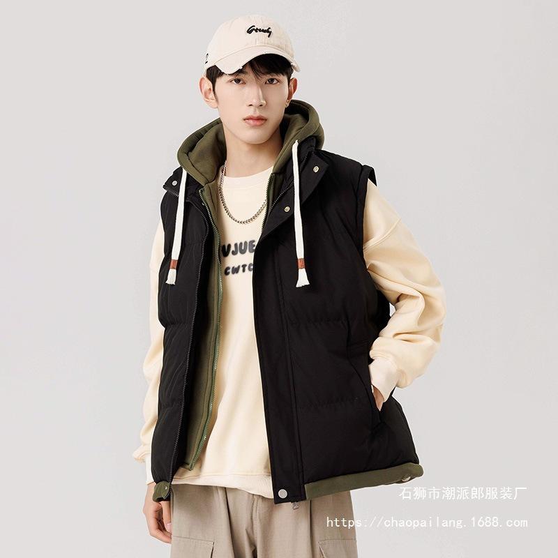 Teen graphene down cotton jacket vest male autumn and winter middle school student fake two loose couple hooded jacket