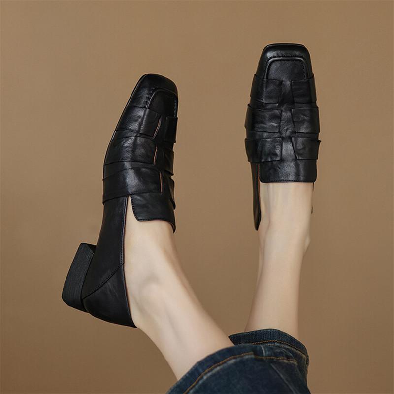 Fashion New Autumn Genuine Leather Women Pumps Fashion Square Toe Shoes for Women Chunky Heel Women Loafers Zapatos Mujer Low Heels