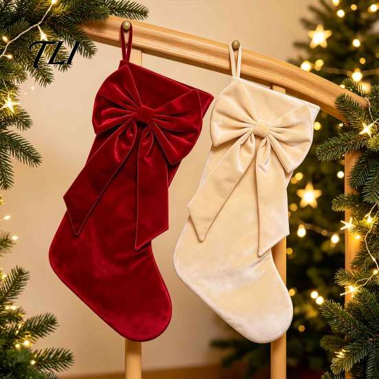 Reusable Fabric Stockings Velvet Christmas with Decorative Bow, Large Xmas Hanging Sturdy Candy Holders Socks for Fireplace, Mantel, Tree, Holiday