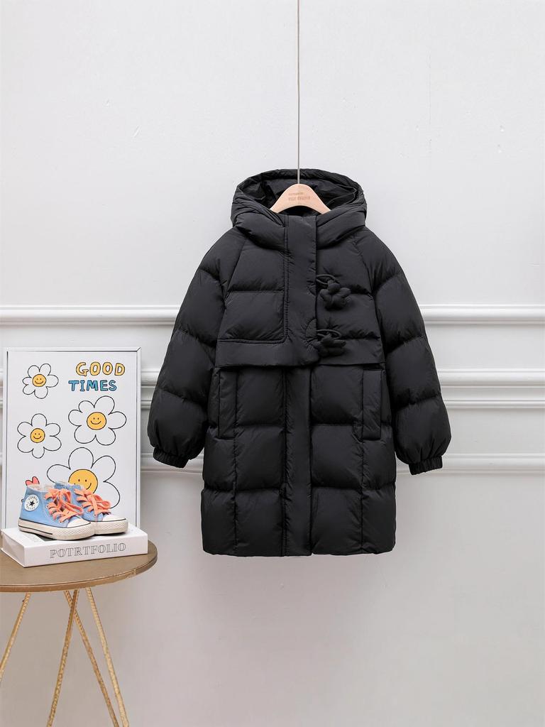 2025 Winter Girls' Warm Mid-Length Solid 90% White Duck Down Puffer Jacket