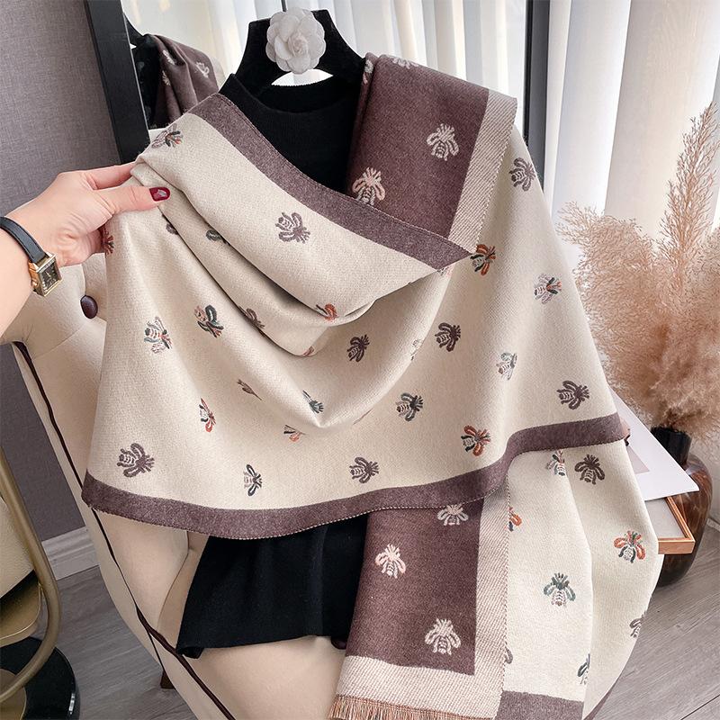 Fashion Light Luxury Little Bee Pattern Imitation Cashmere Scarf Korean Version Versatile Warm Shawl Thickened Outer Scarf