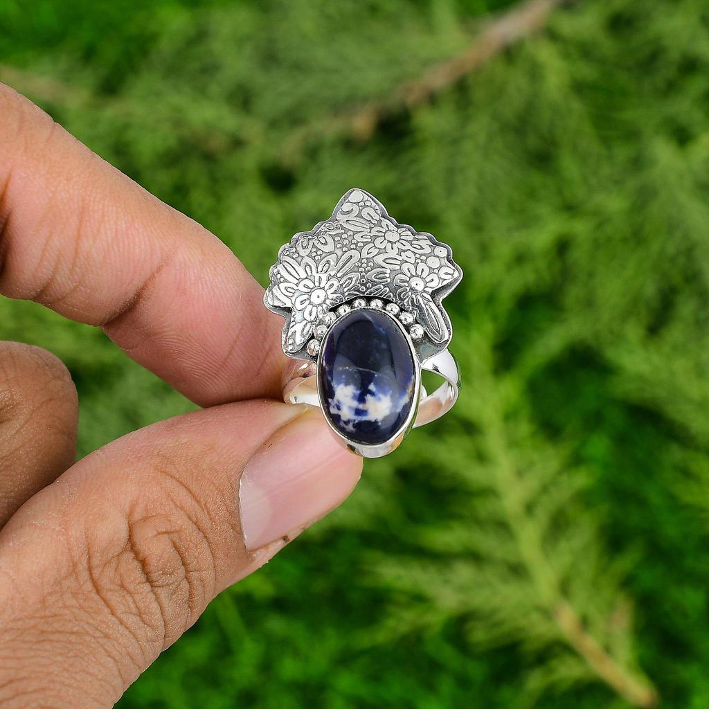 Mothers day Sale Sodalite Stone Stackable Ethnic Ring Jewelry Sterling Silver