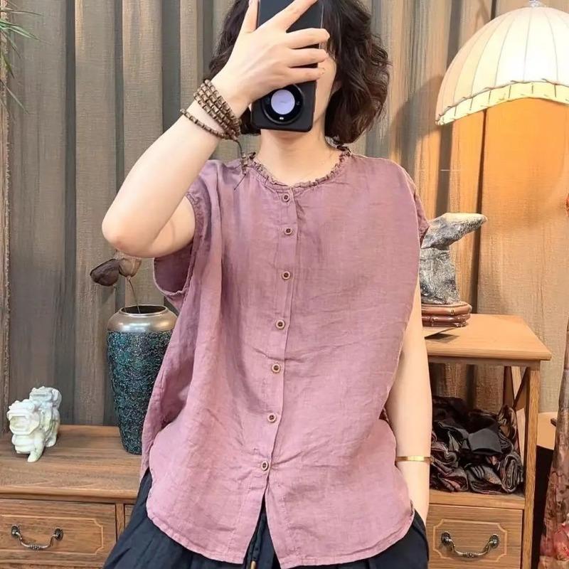 Women Purple Linen Blend Ruffle Trim Stand Collar Sleeveless Button Up Shirt