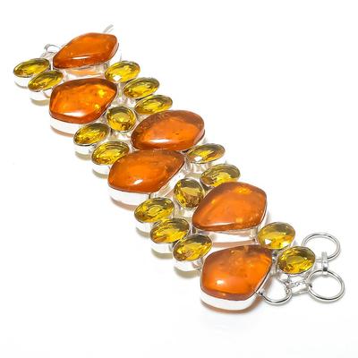 Baltische Amber, Citrien Edelsteen 925 Sterling Zilver Armband 7-8"