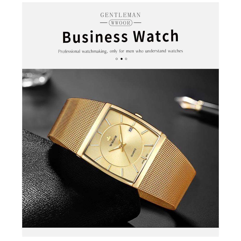 WWOOR Luxury Gold Watch Men Square Quartz Slim Steel Mesh Waterproof Sports Automatic Date Wrist Watches Relogio Masculino