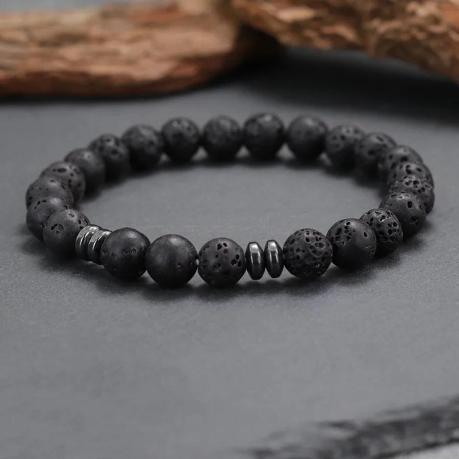 Genuine Natural Stone Beads Bracelet Men 8MM Howlite Obsidian Tiger Eyes Beaded Elastic String Bangles Homme Joias