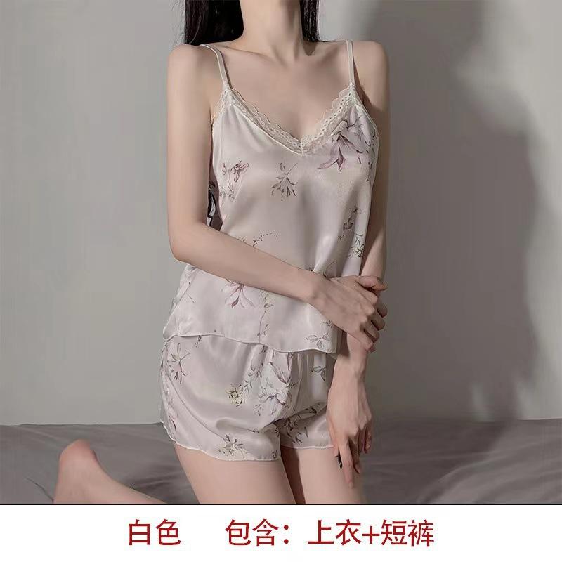 Sexy Girls Summer Ice Silk Suspender Shorts Set Thin Beautiful Girl Dormitory Student Loungewear