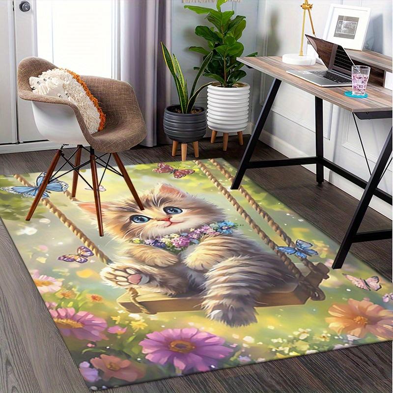 Office Carpet Cute Kitten Swing with Flowers and Butterflies Perfect for Sofa Protection Und