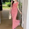 Women's Summer Vintage Tea Break Seaside Holiday Long Plaid French Halter Dress