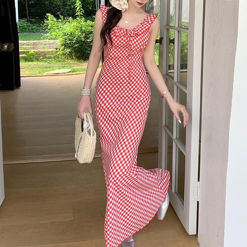 Women's Summer Vintage Tea Break Seaside Holiday Long Plaid French Halter Dress